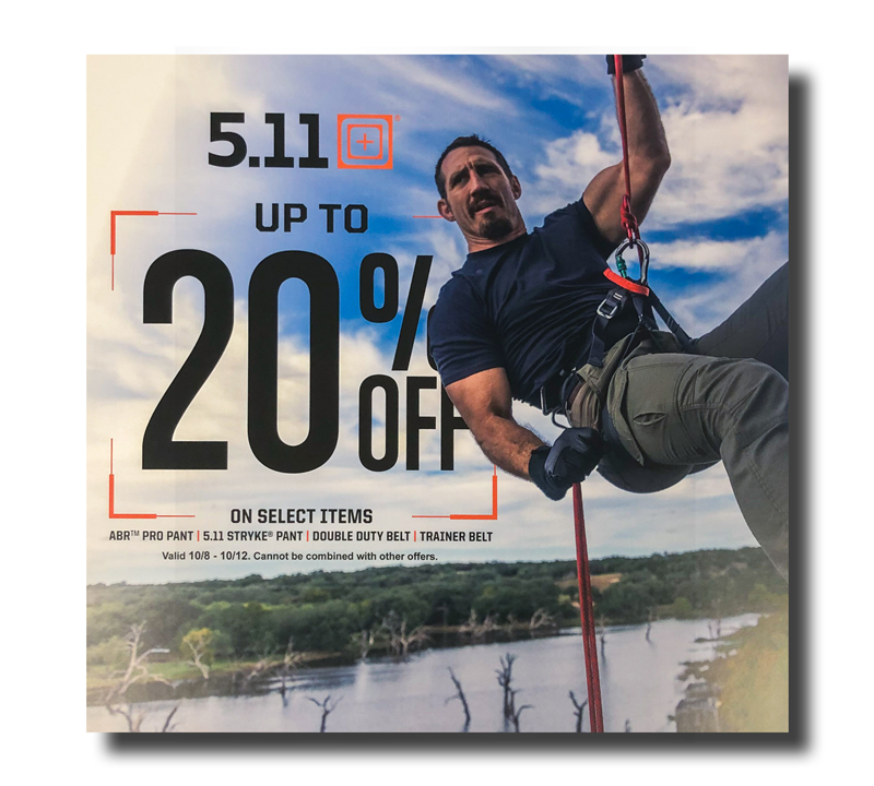 Retail promotional poster with large discount message